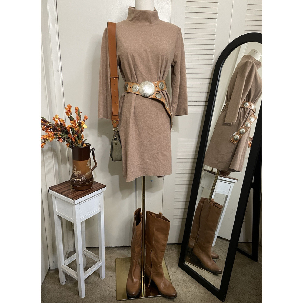 Zara Mock Turtleneck Shift Dress Tan 3/4 sleeves Size S
